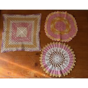 Vintage Crochet Doily Set Pink Yellow White Granny Square Mandala Table Mats